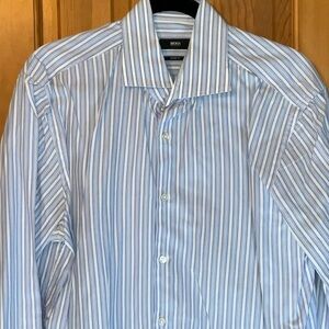 Boss Men's Light Blue and White Striped Dress Shirt 17